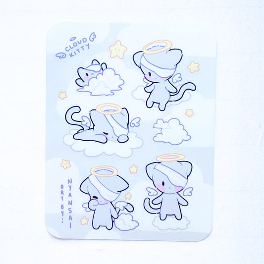 Sticker Sheet with cute cartoon cat illustrations with angel halos on a light blue background.