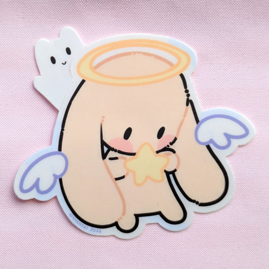 Cartoon bunny angel holding a star with a halo on a pink background
