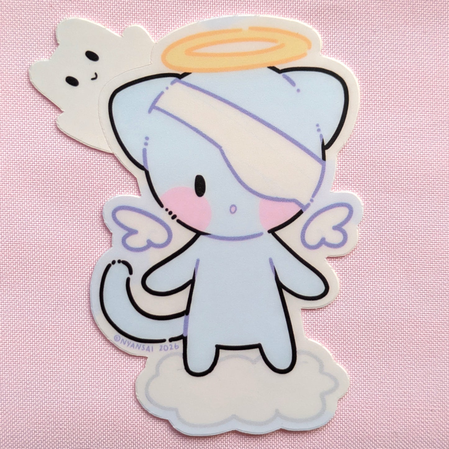 Cartoon angel kitty sticker on a pink background