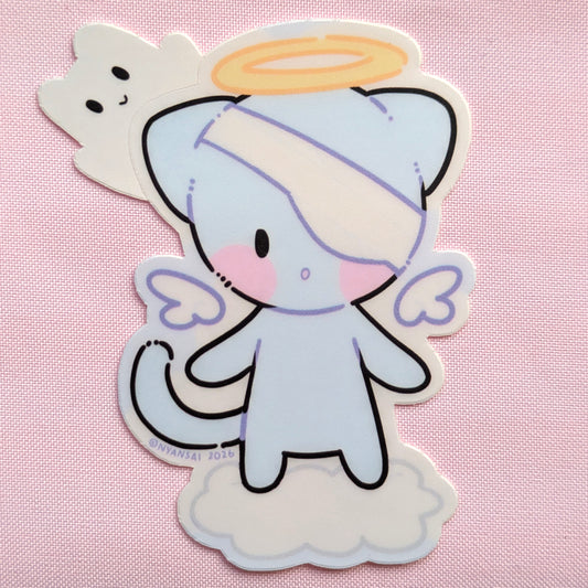 Cartoon angel kitty sticker on a pink background