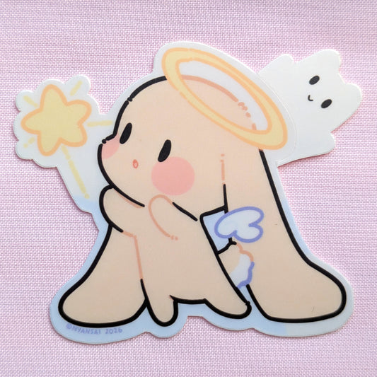 Cartoon rabbit angel character with a halo on a pink background
