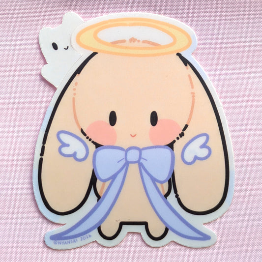 Cartoon angel character with a halo and blue bow on a pink background